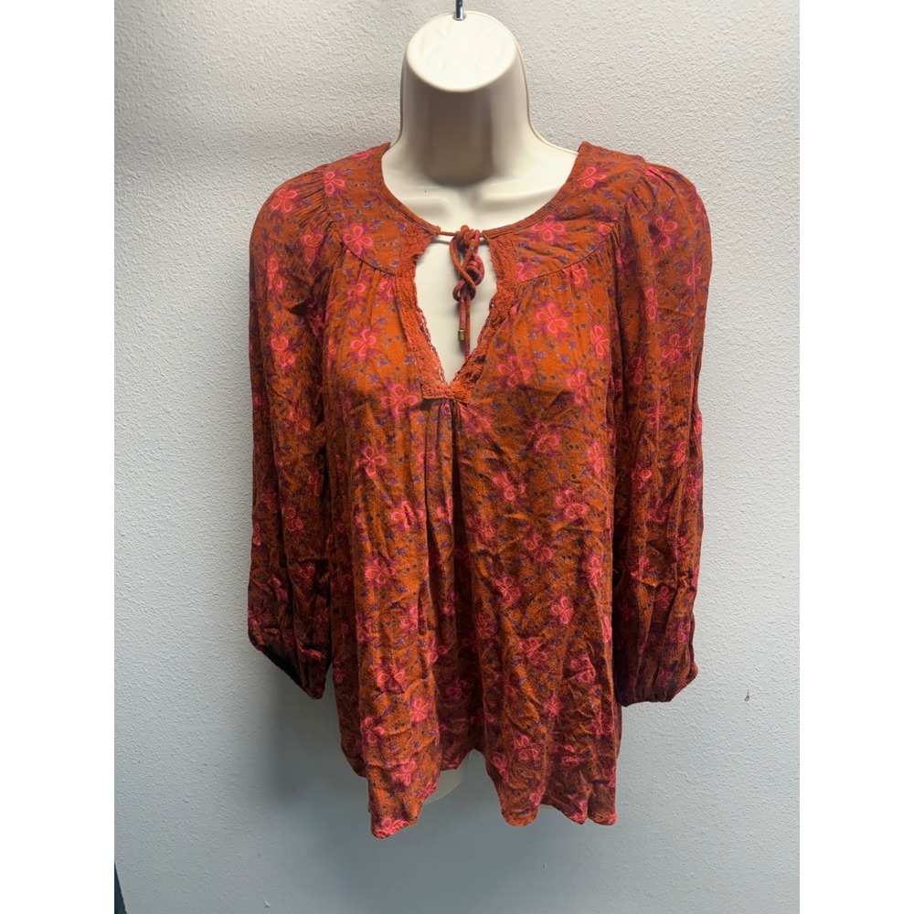 Natural Life Rust Orange Pink Floral Boho Peasant Blouse Keyhole Top Medium